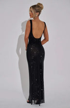 Rhinestone Mesh Square Neck Tank Strap Bodycon Maxi Dress