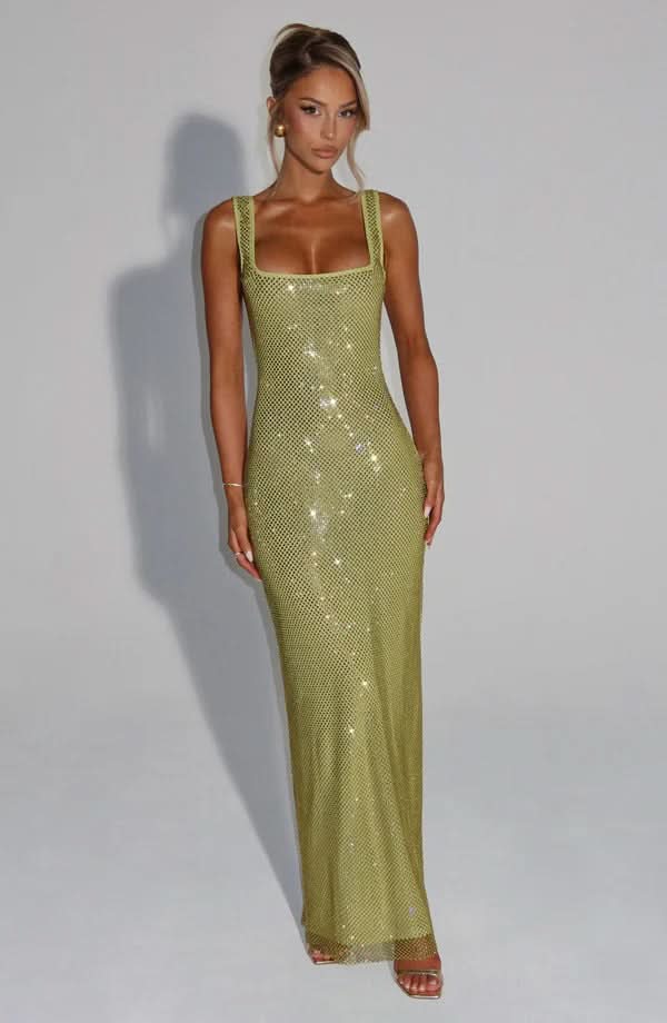 Rhinestone Mesh Square Neck Tank Strap Bodycon Maxi Dress