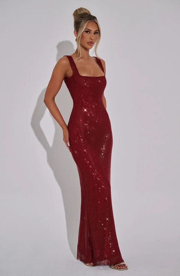 Rhinestone Mesh Square Neck Tank Strap Bodycon Maxi Dress