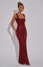 Rhinestone Mesh Square Neck Tank Strap Bodycon Maxi Dress