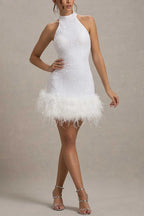 Sequin Halter Neck Feather Trim Bodycon Mini Dress