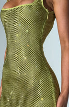 Rhinestone Mesh Square Neck Tank Strap Bodycon Maxi Dress