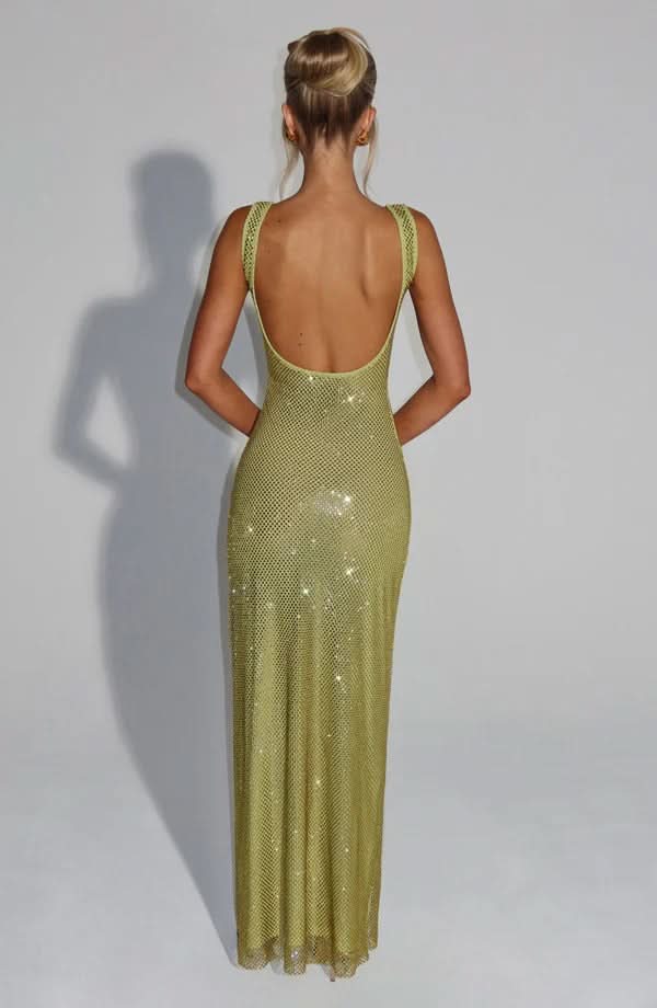 Rhinestone Mesh Square Neck Tank Strap Bodycon Maxi Dress