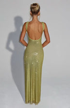 Rhinestone Mesh Square Neck Tank Strap Bodycon Maxi Dress