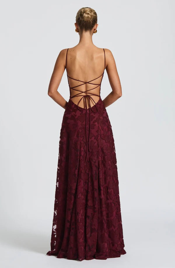 Cowl Neck Spaghetti Strap Floral Jacquard Burnout Fit and Flare Maxi Dress