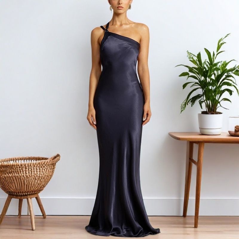 Satin One Shoulder Side Slit Column Maxi Gown