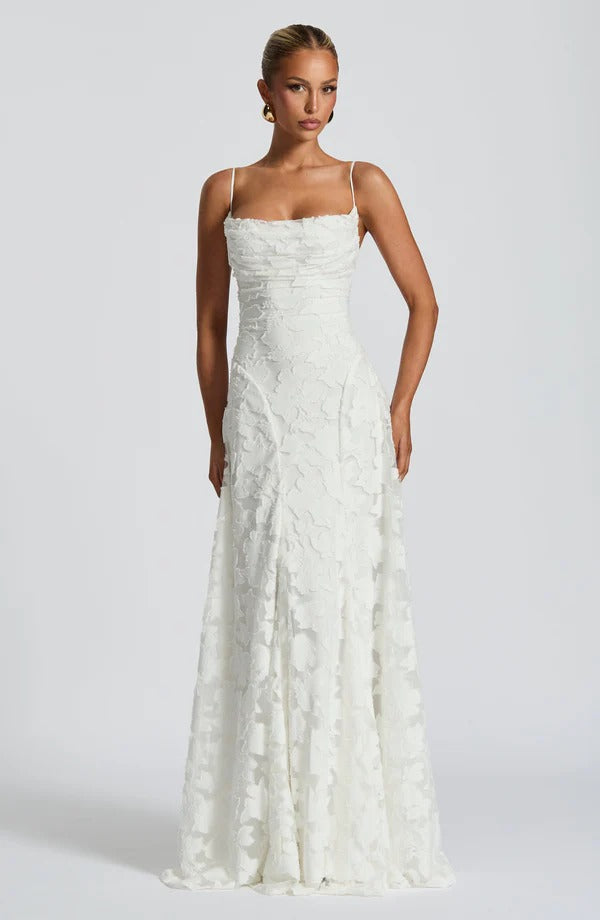 Cowl Neck Spaghetti Strap Floral Jacquard Burnout Fit and Flare Maxi Dress