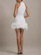 Sequin Halter Neck Feather Trim Bodycon Mini Dress