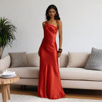 Satin One Shoulder Side Slit Column Maxi Gown