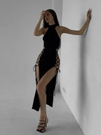 Hollow out sleeveless lace up slit solid maxi dress