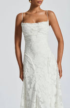 Cowl Neck Spaghetti Strap Floral Jacquard Burnout Fit and Flare Maxi Dress