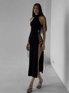 Hollow out sleeveless lace up slit solid maxi dress