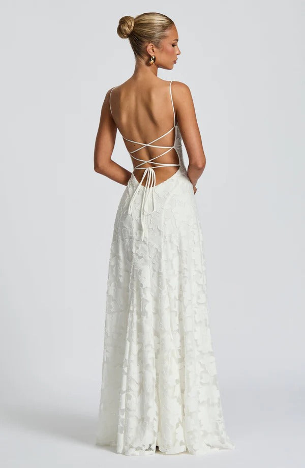 Cowl Neck Spaghetti Strap Floral Jacquard Burnout Fit and Flare Maxi Dress