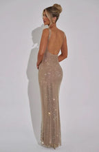 Rhinestone Mesh Square Neck Tank Strap Bodycon Maxi Dress