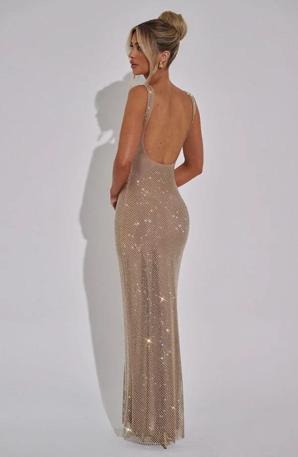 Rhinestone Mesh Square Neck Tank Strap Bodycon Maxi Dress