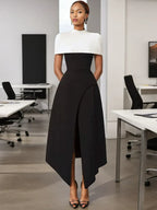 Folded Collar Capelet Layered Wrap Front Pointed Hem Midi Dress