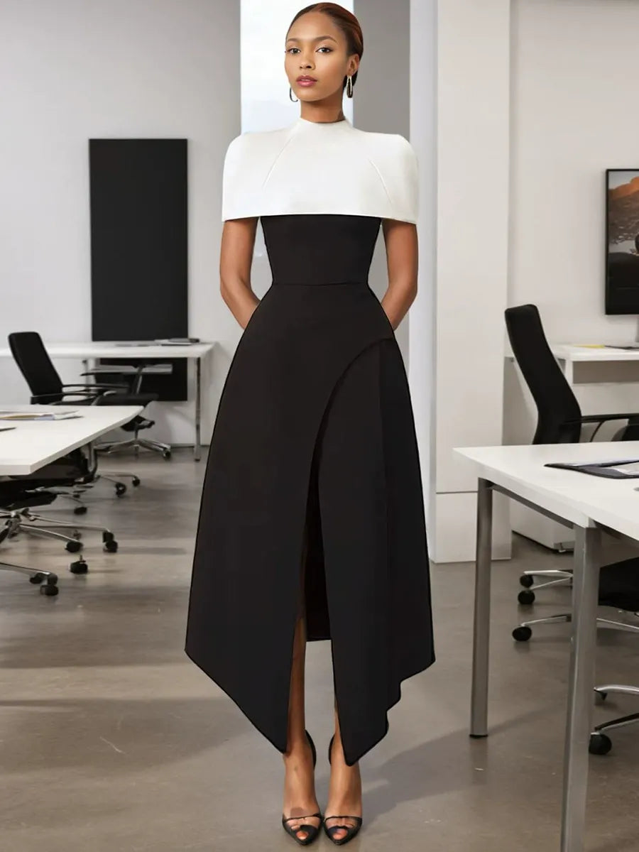 Folded Collar Capelet Layered Wrap Front Pointed Hem Midi Dress