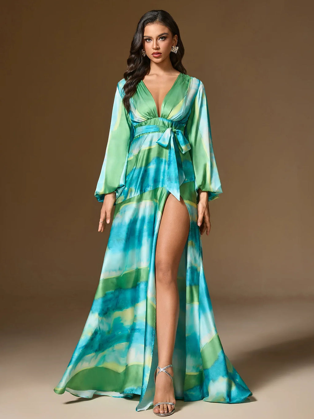 Watercolor Stripe Print Halter Neck Bishop Sleeve Tie Waist Slit Maxi Dress