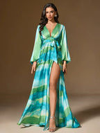 Watercolor Stripe Print Halter Neck Bishop Sleeve Tie Waist Slit Maxi Dress