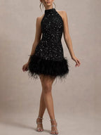 Sequin Halter Neck Feather Trim Bodycon Mini Dress