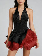 Halter Neck Plunging V-Neck Ruched 3D Ruffle Skirt Mini Dress