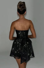 Strapless Ruched Bodice Glitter Tulle Skater Mini Dress