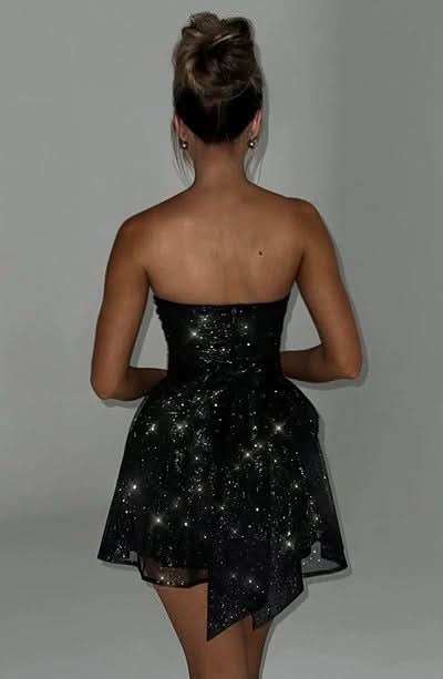 Strapless Ruched Bodice Glitter Tulle Skater Mini Dress