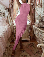 Irregular Ruched Ruffle Bodycon Dress