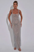 Rhinestone Mesh Square Neck Tank Strap Bodycon Maxi Dress