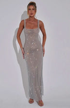 Rhinestone Mesh Square Neck Tank Strap Bodycon Maxi Dress
