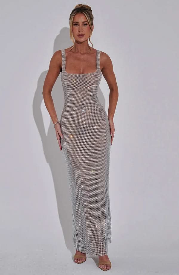 Rhinestone Mesh Square Neck Tank Strap Bodycon Maxi Dress