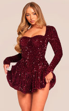 Velvet Sequin Square Neck Long Sleeve Fit and Flare Mini Dress