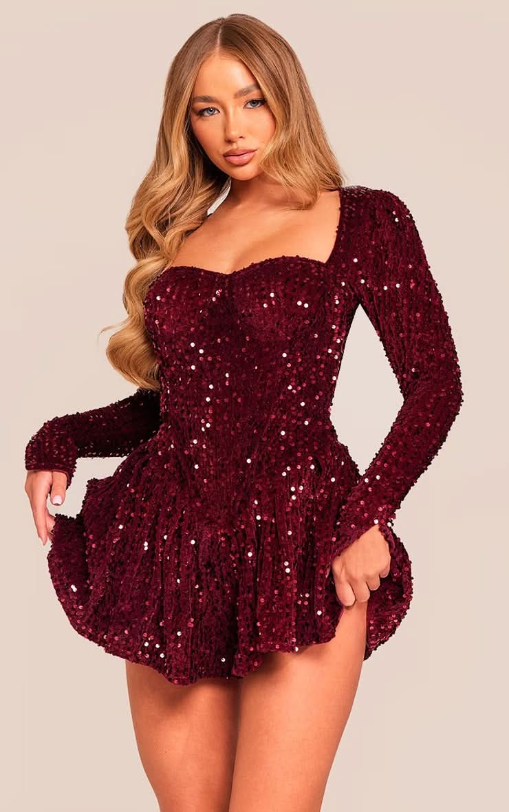 Velvet Sequin Square Neck Long Sleeve Fit and Flare Mini Dress