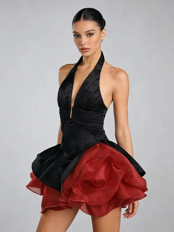 Halter Neck Plunging V-Neck Ruched 3D Ruffle Skirt Mini Dress