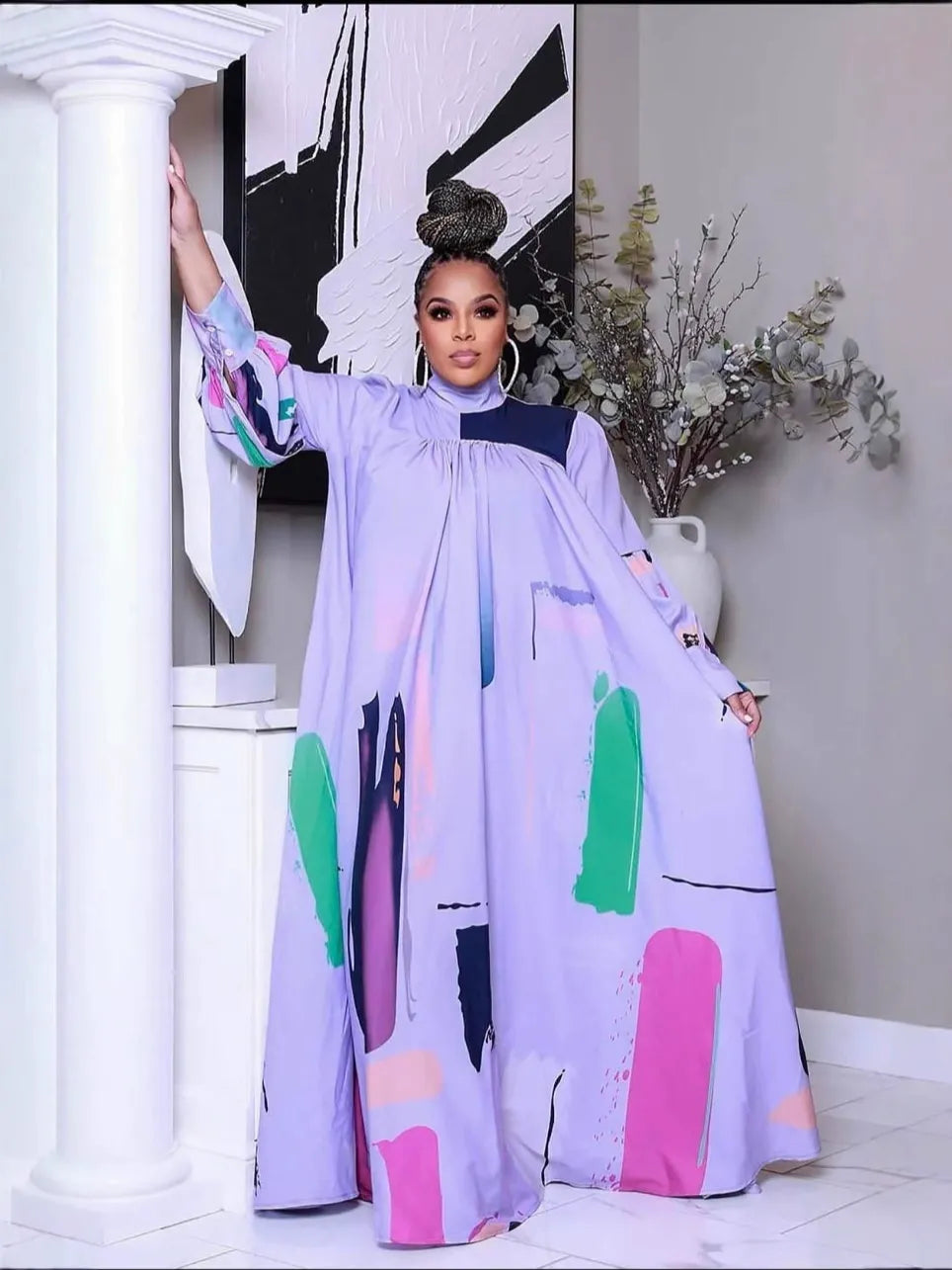 Mock Neck Pleated Abstract Brushstroke Print Long Sleeve Oversized Maxi Dress