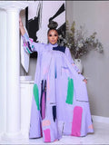 Mock Neck Pleated Abstract Brushstroke Print Long Sleeve Oversized Maxi Dress
