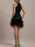 Sequin Halter Neck Feather Trim Bodycon Mini Dress