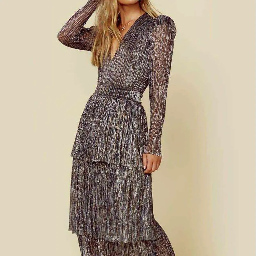 Sequin Plisse Deep V-Neck Long Sleeve Tiered Maxi Dress