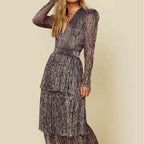 Sequin Plisse Deep V-Neck Long Sleeve Tiered Maxi Dress