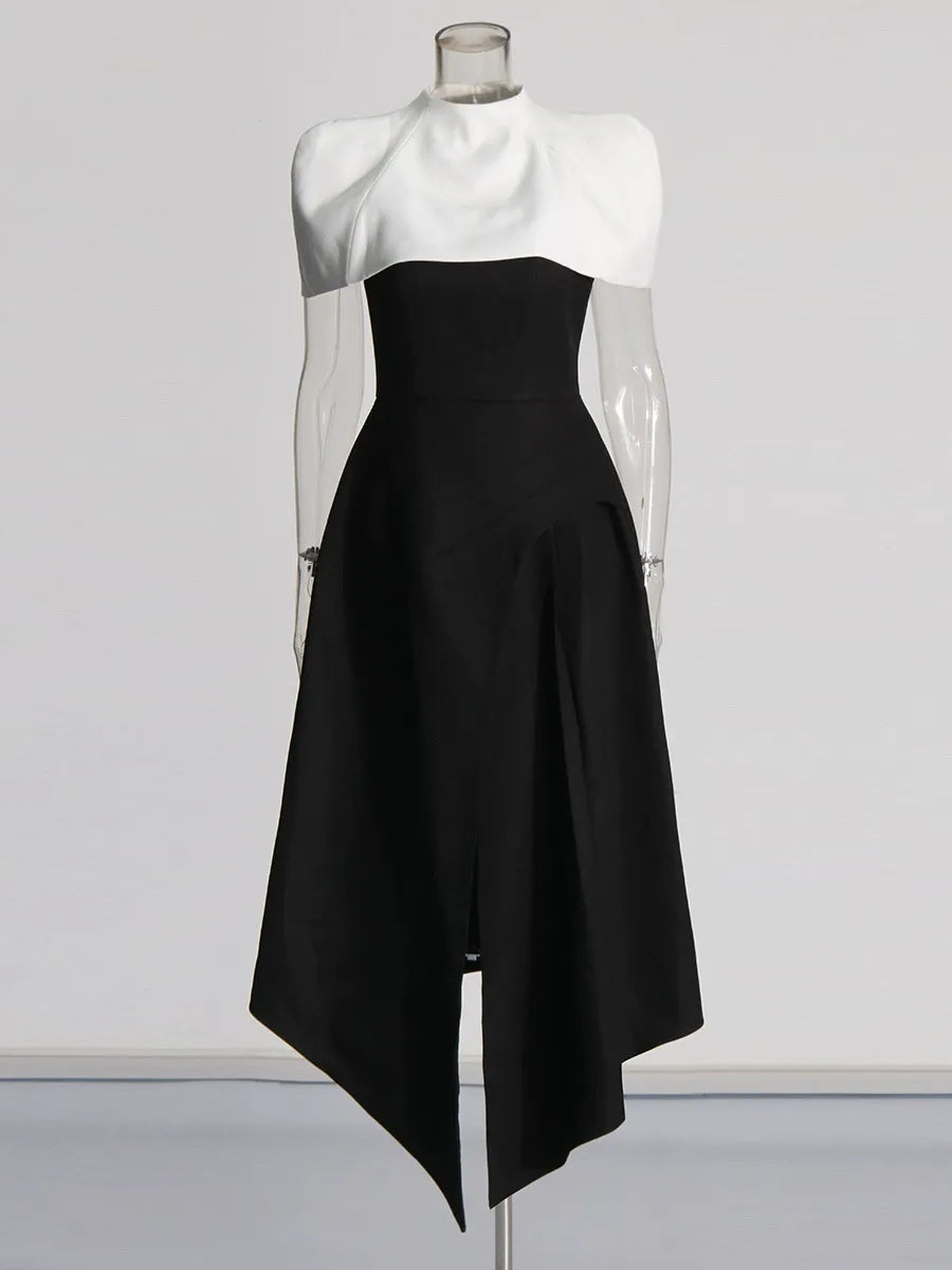 Folded Collar Capelet Layered Wrap Front Pointed Hem Midi Dress
