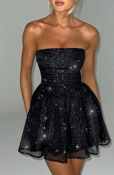 Strapless Ruched Bodice Glitter Tulle Skater Mini Dress