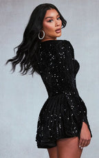 Velvet Sequin Square Neck Long Sleeve Fit and Flare Mini Dress