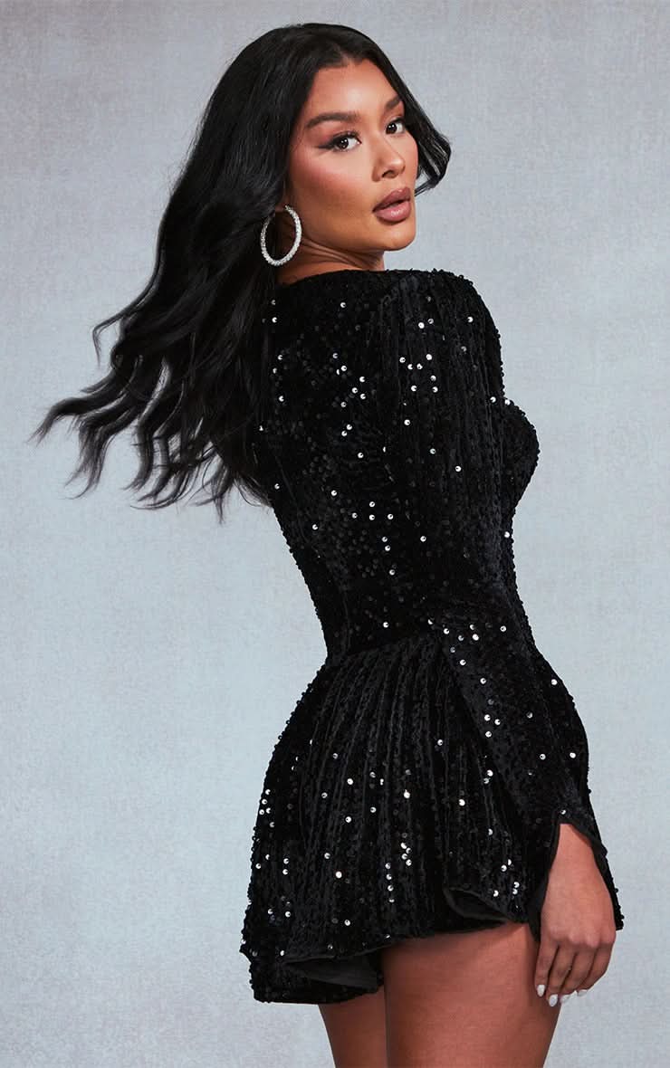 Velvet Sequin Square Neck Long Sleeve Fit and Flare Mini Dress