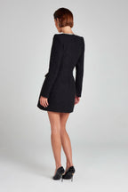 Tweed Square Neck Pearl Trim Long Sleeve Structured Mini Dress