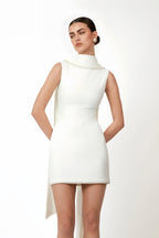 Piroska White Sleeveless Pearl Trim Mini Dress