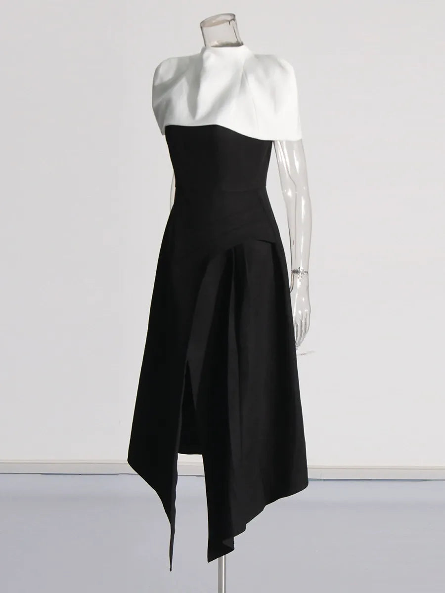 Folded Collar Capelet Layered Wrap Front Pointed Hem Midi Dress