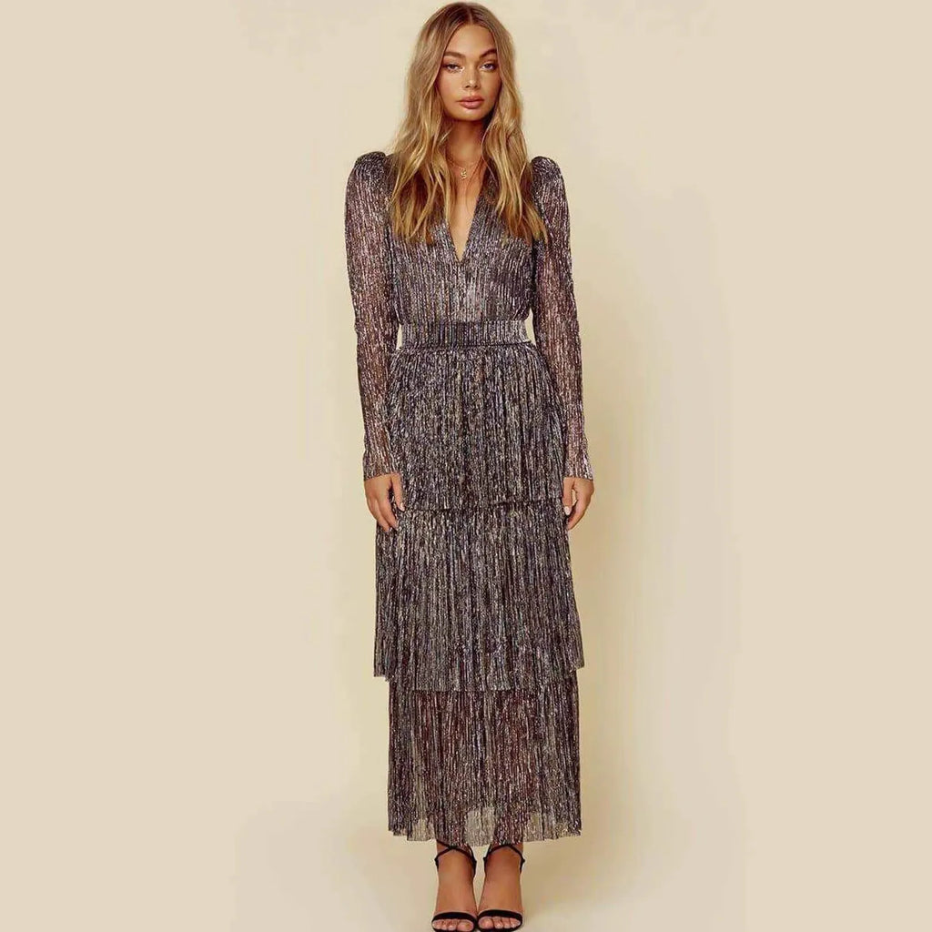 Sequin Plisse Deep V-Neck Long Sleeve Tiered Maxi Dress