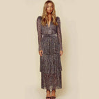 Sequin Plisse Deep V-Neck Long Sleeve Tiered Maxi Dress