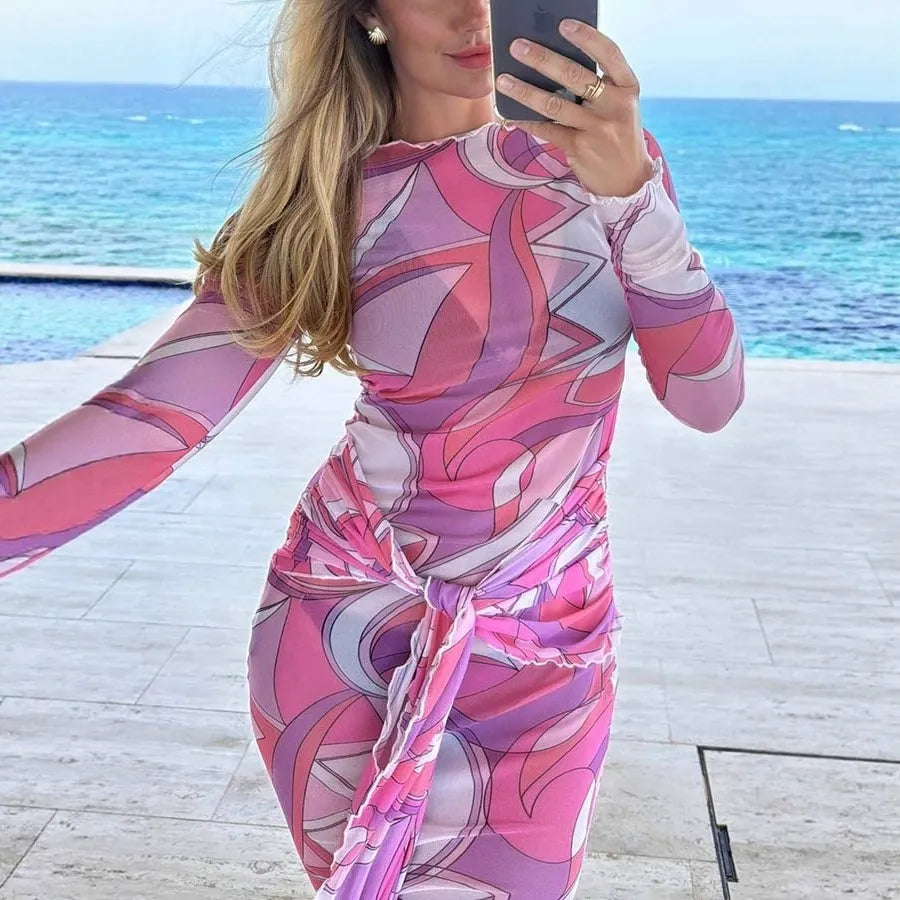 Mesh Abstract Swirl Print Crew Neck Draped Sash Bodycon Maxi Dress