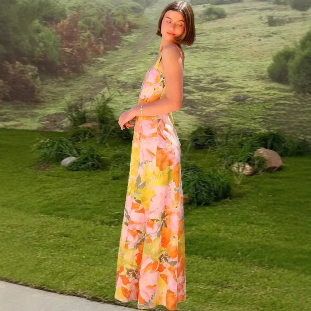 Square Neck Wide Strap Abstract Floral Print Maxi Dress
